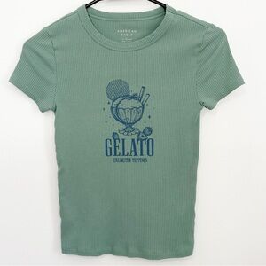 AMERICAN EAGLE Ribbed Short Sleeve Tee Graphic T-Shirt Green XS